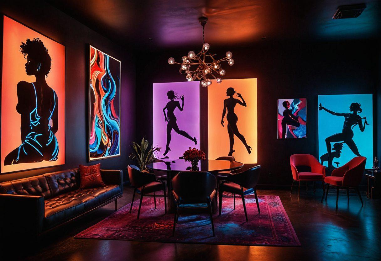 A dimly lit room filled with a collage of various elements from the adult industry, including glamorous neon lights, seductive silhouettes, and abstract art pieces that symbolize intimacy and exploration. Incorporate a diverse group of people engaged in thoughtful discussions, showcasing the many facets of the industry. Create an atmosphere that balances allure with thoughtfulness, emphasizing exploration and understanding. vibrant colors. cinematic lighting. modern art style.