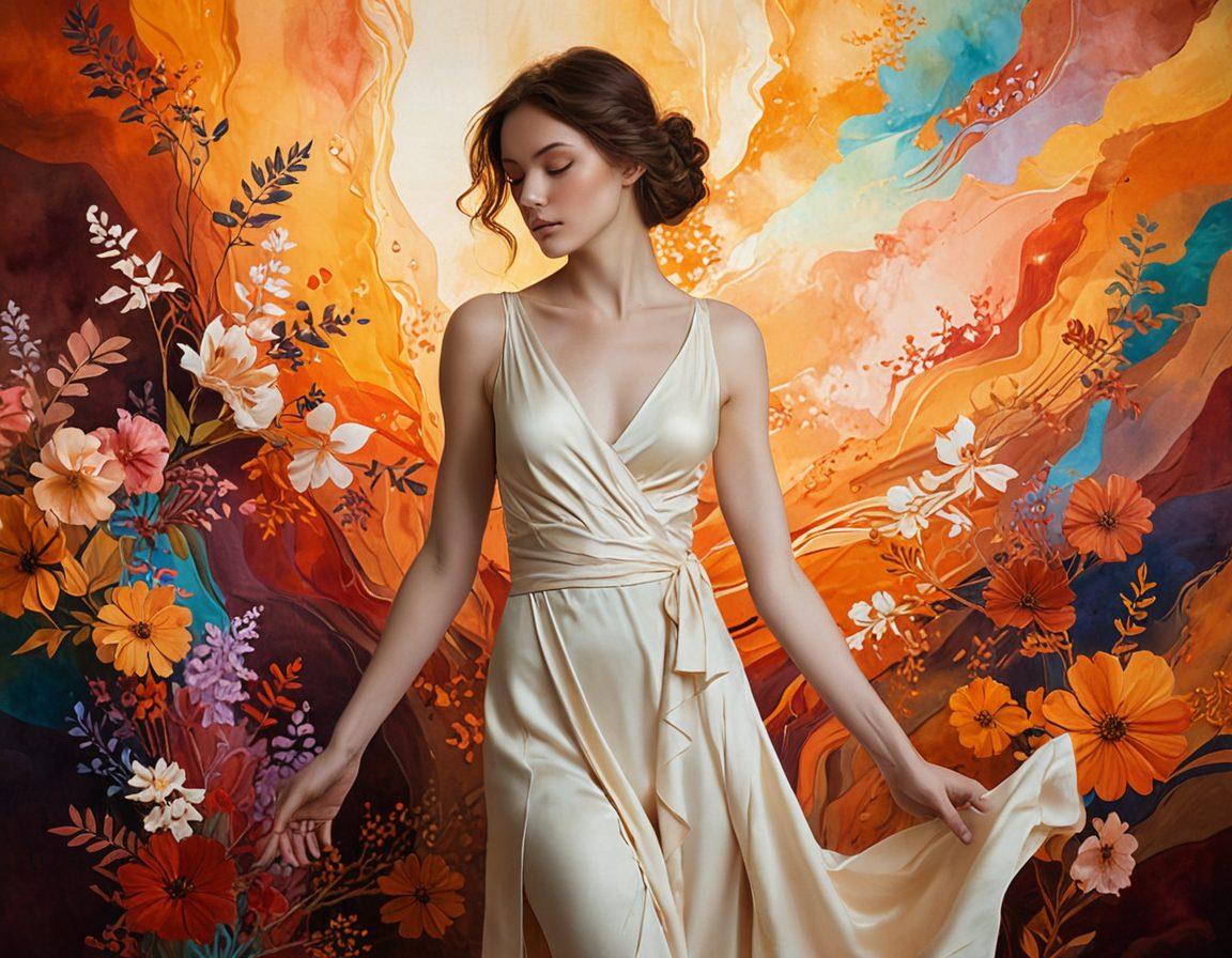 A captivating juxtaposition of sensuality and artistry, showcasing a serene figure in an elegant pose surrounded by flowing abstract shapes in warm tones. The background features subtle hints of various artistic mediums like brush strokes, soft glows, and light textures, symbolizing a journey through adult expression. Incorporate elements like vibrant flowers and delicate fabrics to enhance the feeling of intimacy and creativity. Soft lighting to add depth and intrigue. surrealism. vibrant colors. soft focus.
